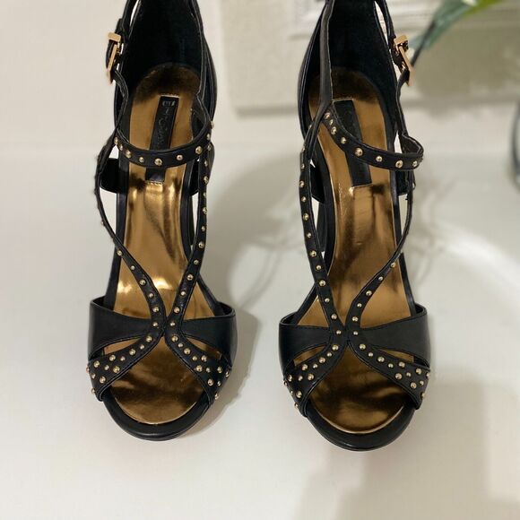 BCBG MAXAZRIA Black Leather Gold Stud Strappy Heels Stilettos Forrester 10B - Picture 10 of 11